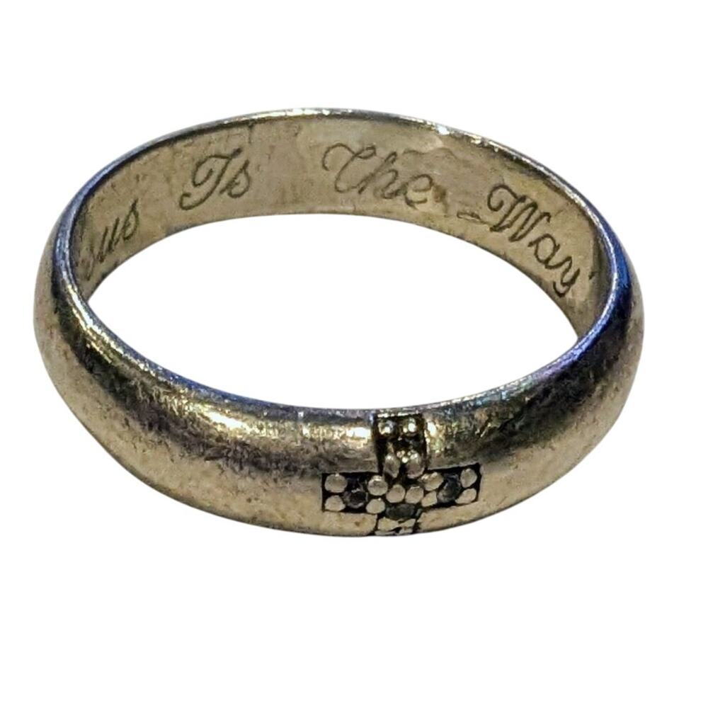 Sterling Silver Diamond Chip Cross Religious Inscribed Jesus Is The Way Ring 8